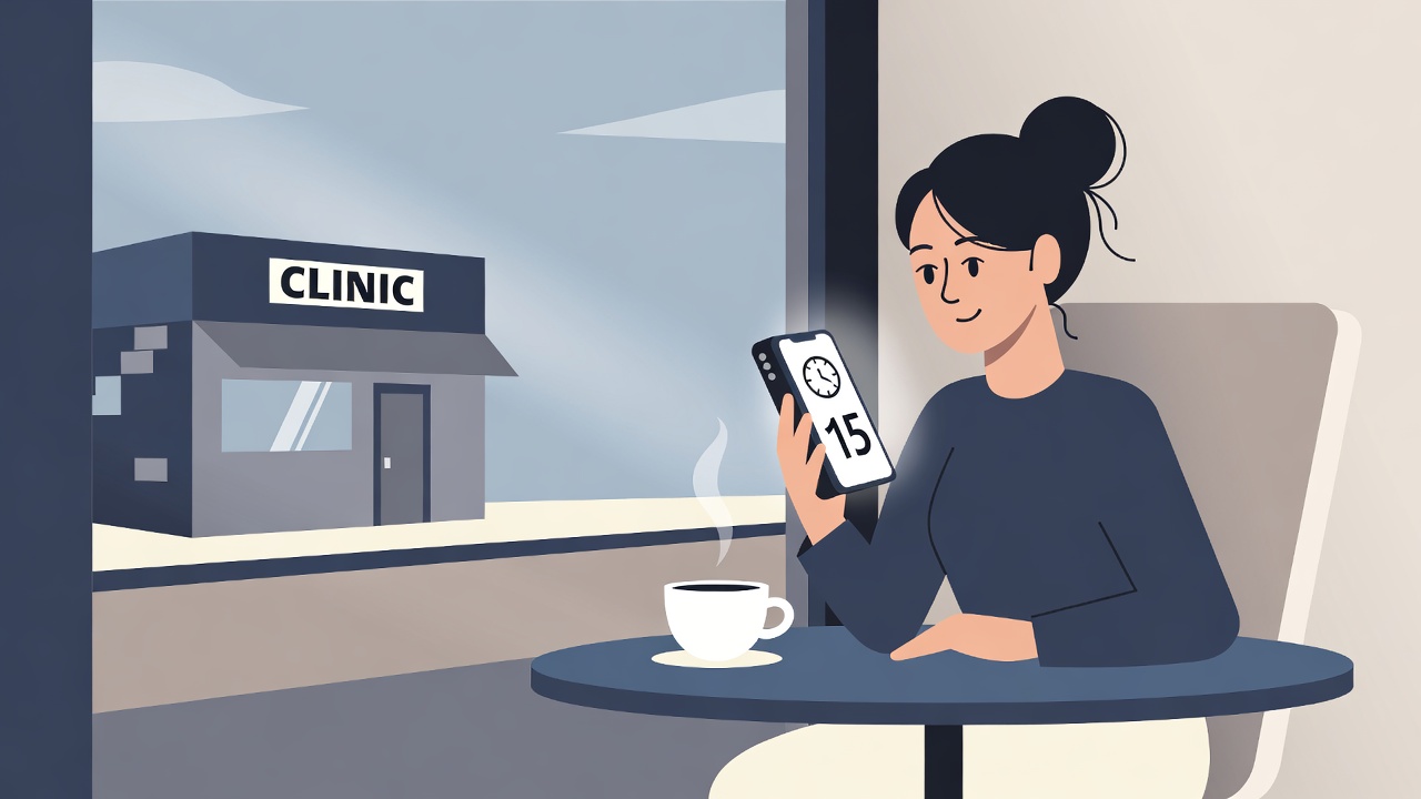 カフェからスマホで待ち時間を確認する女性