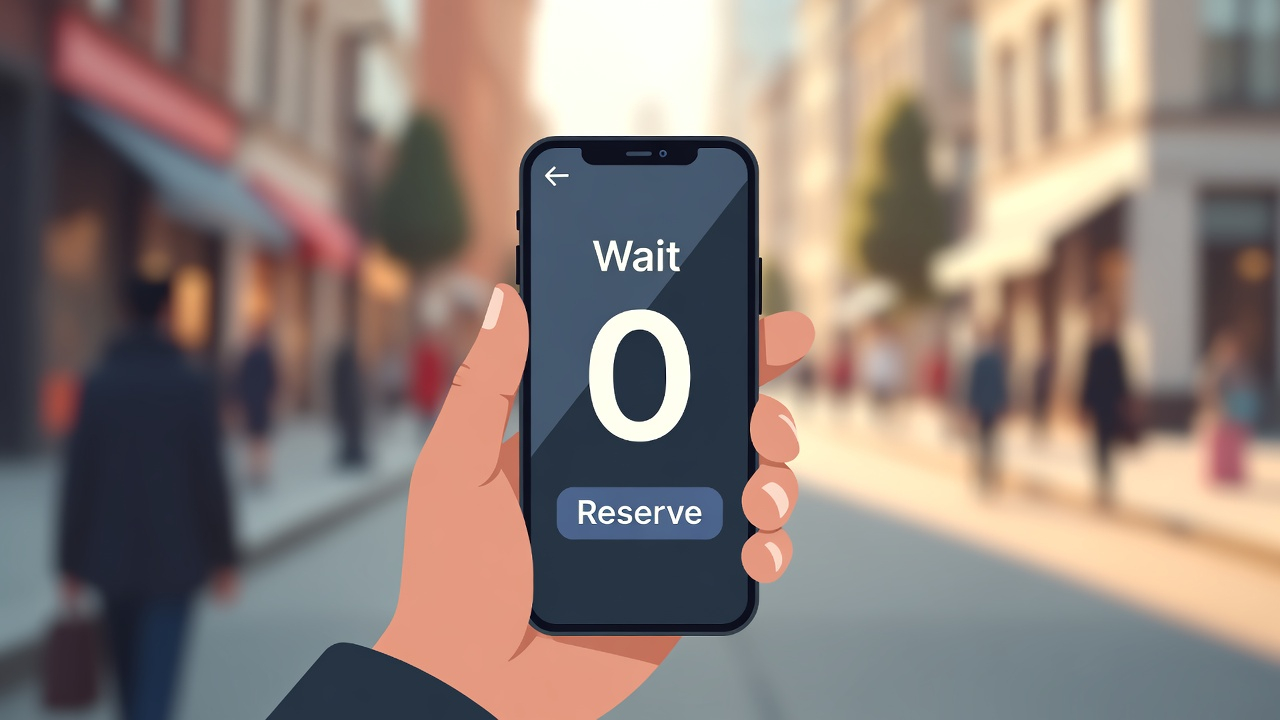 患者のスマホ画面 — 待ち時間と予約ボタン