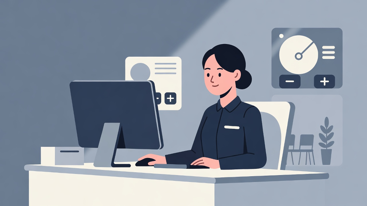 女性受付スタッフが+1/-1操作