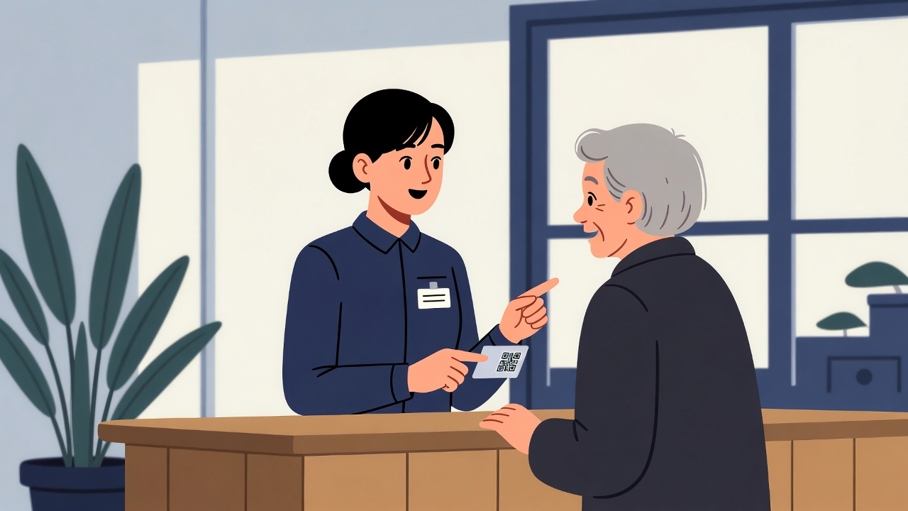 受付が患者にQRシールを案内